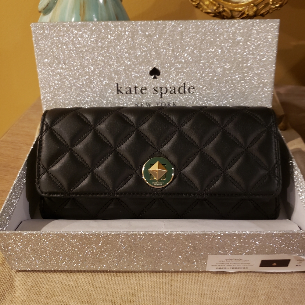 NIB! Kate Spade Black Quilted Leather Turnlock Wallet (Retail $279) - Picture 2 of 10